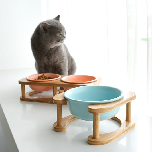 Ciotola per gatti in ceramica e legno